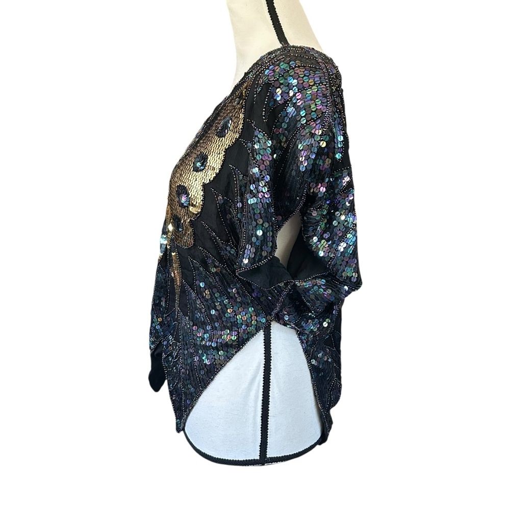 Vintage 70s Dark Rainbow & Gold Sequin Butterfly Top 100% Silk Festival Boho OS - Picture 3 of 17